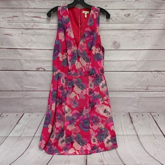 Rebecca Taylor Hot Pink Printed Floral V-Neck Silk Printed Sleeveless Dress 12 - Picture 1 of 5